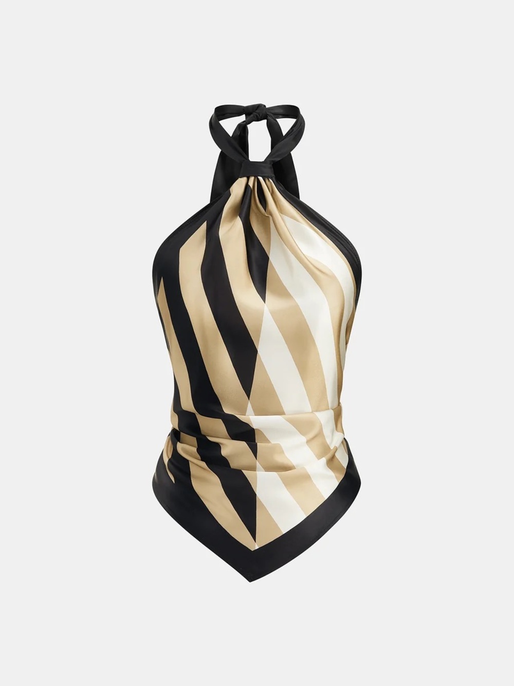 Commense Geometric-stripe satin halter top with asymmetric hem and scarf-style